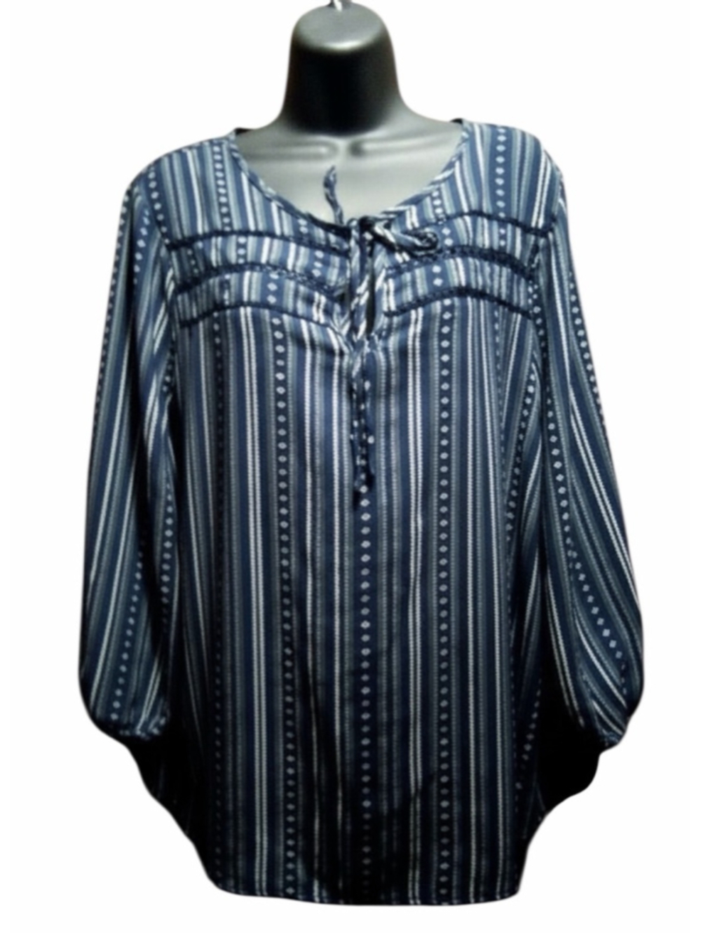 Como Vintage Blue Striped Boho Tie Neck Blouse XL - INV373